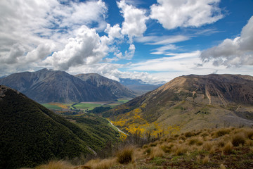 The view of the road through the valley is a beautiful landscape from the top of Helicopter Hill in New Zealand 