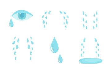 Cartoon tears. Cry and sweat drops. Crying tears, droplets from eyes vector isolated set. Illustration of drop tear and cry sorrow and sadness