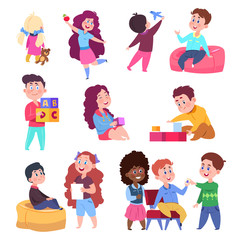 Little children play toys and chat. Cartoon character kids vector isolated on white background. Illustration of characters people boy and girl