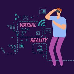 Virtual reality vector concept with line social icons and cartoon character boy. Entertainment gaming, innovation experience illustration