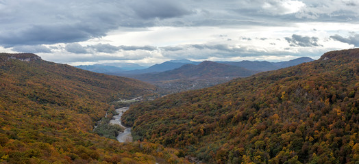 Mountain forest in colors of the rainbow autumn.