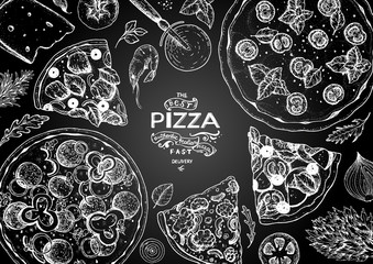 Italian pizza and ingredients top view frame. Italian food menu design template. Vintage hand drawn sketch, vector illustration. Engraved style illustration. Pizza label for menu.