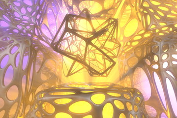 Fototapeta na wymiar Abstract 3d rendering concept of high poly atomic sphere with chaotic mesh grid cellular mulecular structure. Sci-fi background with polygonal shape in abstract scifi interior space with light god
