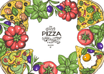 Italian pizza and ingredients top view frame. Colored illustration. Italian food menu design template. Vintage hand drawn vector illustration. Pizza label for menu.