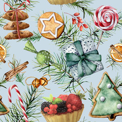 Watercolor Christmas seamless pattern with holiday pastry. Hand painted cookies, candies, cake with berries and fruits, candy cane, lollipop,  pine branch isolated on blue background. 