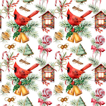 Watercolor holiday pattern with cardinal and  Christmas symbols. Hand painted red bird, bells, house, candy cane, pine branch isolated on white background.  Winter illustration for design, fabric