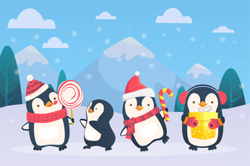 christmas penguins on snowy background
