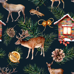 Watercolor scandinavian seamless pattern with deers. Hand painted house, deers, pine branch with cones, orange, cinnamon stick isolated on dark blue background. Holiday illustration for fabric, design