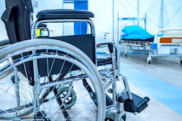 Naklejka premium Wheelchair. Disability. Incurable Diseases The medicine. Armchair for the disabled. Bed in the hospital. Medical service. Hospital equipment.