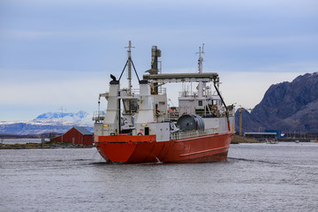 Cargo ships MS Nyksund from Tromsø  through Brønnøysundet in Nordland county