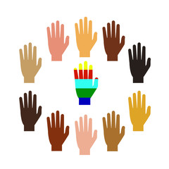 Hands of people of different nationalities. Multi-color hands.