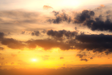 Sunset Or Sunrise With Clouds, Light Rays And Other Atmospheric Effect.