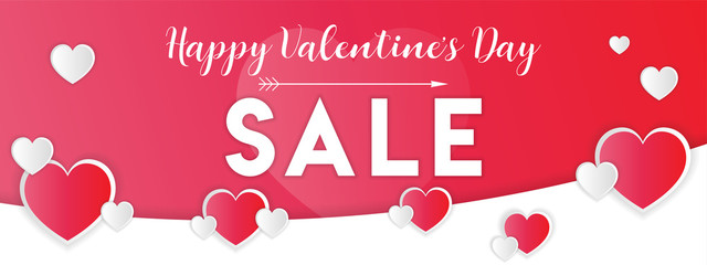 Happy St. Valentine Day sale banner or background. Sale information. Composition with white and red hearts. Vector illustration.