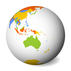 Blank political map of Australia. 3D Earth globe with colored map. Vector illustration.