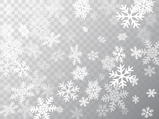 Snow flakes falling macro vector graphics, christmas snowflakes confetti falling scatter backdrop. Winter snow shapes decor. Windy flakes falling and flying winter seasonal weather vector.
