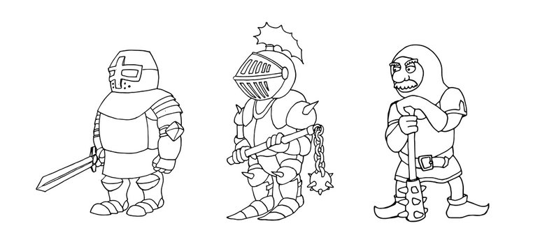 Coloring page of cartoon three medieval knights prepering for Knight Tournament