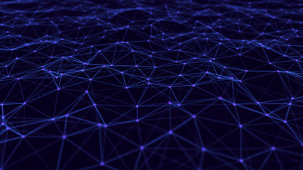 Data technology illustration. Abstract futuristic background. Wave with connecting dots and lines on dark background. Wave of particles. 3d rendering.