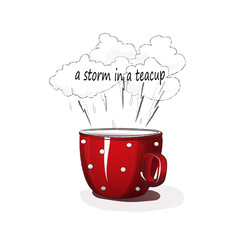 Teacup under rain clouds and lightning, Concept Illustration of storm in a Teacup Saying or Proverb