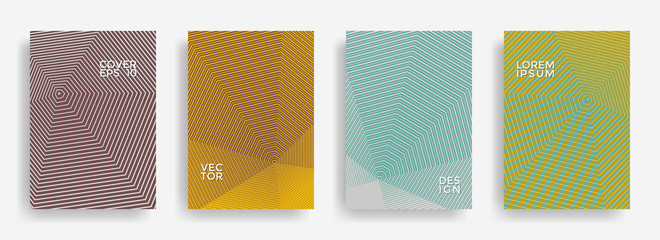Gradient annual report design vector collection. Halftone stripes edged texture cover page layout templates set. Report covers geometric design, business brochure pages corporate backgrounds.