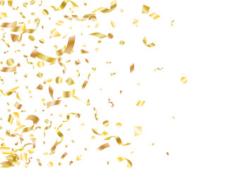 Gold on white foil holiday realistic confetti flying vector background. Trendy flying tinsels, foil texture serpentine streamers, sparkles, confetti falling birthday background.