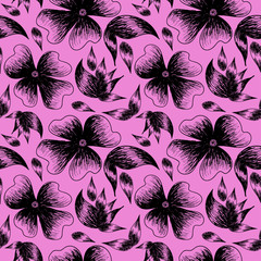 illustration of leaves and flowers painted black on a pink color