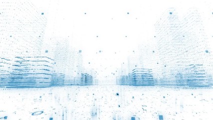Digital cityscape cyberspace network with binary numbers motion on white background.  - Powered by Adobe