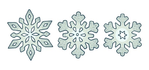 Set snowflakes with three different ornaments. Vector engraving