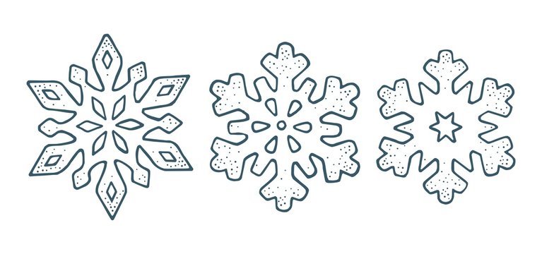 Set snowflakes with three different ornaments. Vector engraving