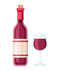 Red wine bottle and glass cup. Bottle with label. Flat vector illustration isolated on white background
