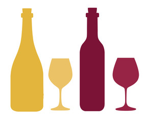 Colorful silhouette. Collection of red and white wine bottle and glass cup. Bottle with label. Flat vector illustration isolated on white background