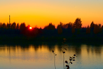 Kostroma river at sunset in autumn. Kostroma, Russia.