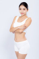 Fototapeta premium Portrait young asian woman smiling beautiful body diet with fit isolated on white background, model girl weight slim with cellulite or calories, health and wellness concept.