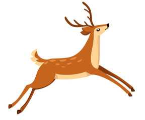 Fototapeta na wymiar Brown deer run and jump. Hoofed ruminant mammals. Cartoon animal design. Cute deer with antlers. Flat vector illustration isolated on white background
