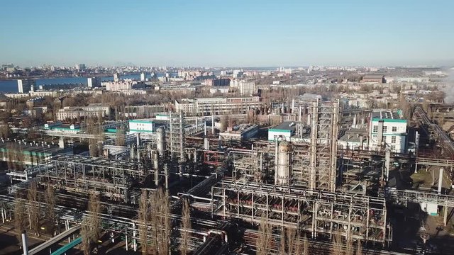 Chemical factory industrial area. View from flying drone