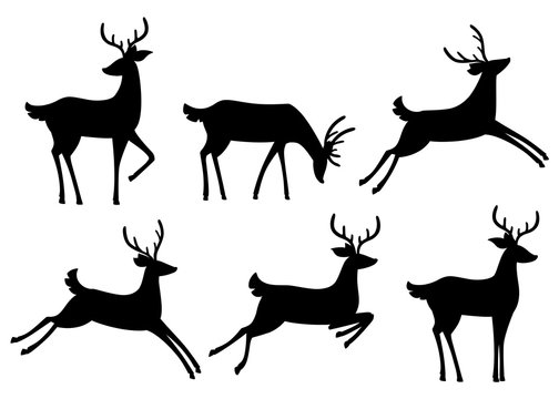 Black silhouette icon collection. Brown deer. Hoofed ruminant mammals. Cartoon animal design. Cute deer with antlers. Flat vector illustration isolated on white background