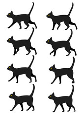 Set of black cat icon collection. Black cat poses for walk animation preset. Flat vector illustration isolated on white background