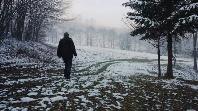 Man goes through snowy meadow - (4K)
