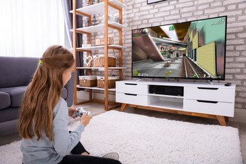 Girl Playing Video Game On Television