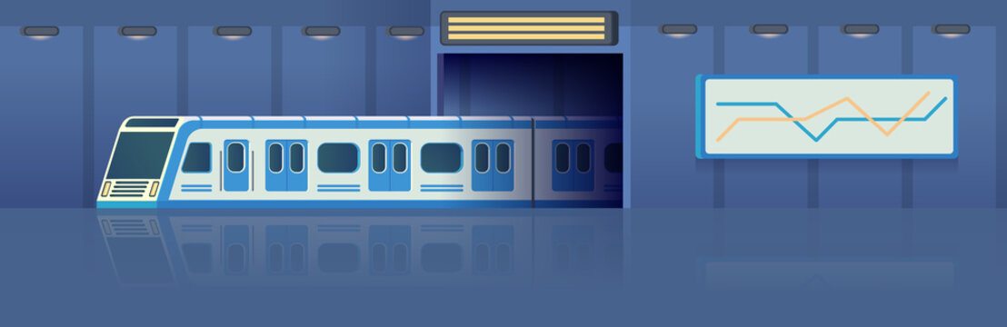 Railway subway or metro transport in tunnel moving on station. Passanger modern electric high-speed train. Underground public transport. Vector flat illustration.