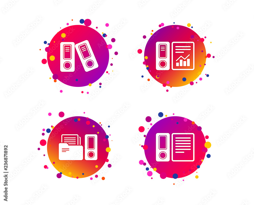 Poster accounting report icons. document storage in folders sign symbols. gradient circle buttons with icon