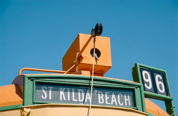 Destination sign and route number of the number 96 W-class tram to Saint Kilda Beach, Saint Kilda,...