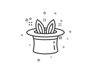 Hat-trick line icon. Magic tricks with hat and rabbit sign. Illusionist show symbol. Geometric shapes. Random cross elements. Linear Hat-trick icon design. Vector