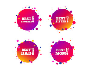 Best mom and dad, brother and sister icons. Award with exclamation symbols. Gradient circle buttons with icons. Random dots design. Vector