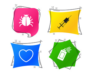 Bug and vaccine syringe injection icons. Heart and spray can sign symbols. Geometric colorful tags. Banners with flat icons. Trendy design. Vector