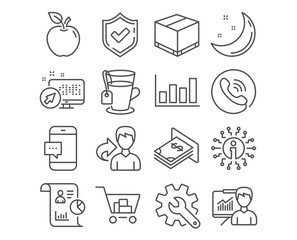 Set of Atm money, Presentation and Report diagram icons. Report, Internet shopping and Tea signs. Customisation, Delivery box and Smartphone message symbols. Vector