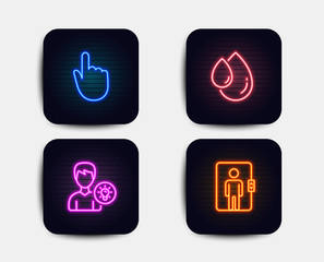 Neon set of Oil drop, Hand click and Person idea icons. Elevator sign. Serum, Location pointer, Lamp energy. Office transportation. Neon icons. Glowing light banners. Vector