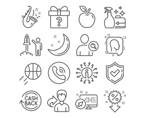 Set of Head, Launch project and Cleanser spray icons. Find user, Discount and Secret gift signs. Cashback, Jazz and Basketball symbols. Profile messages, Business innovation, Washing liquid. Vector