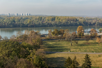Panoramic sunset view of Belgrade Fortress, Kalemegdan Park, Sava and Danube Rivers in city of...