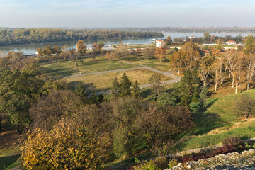 Panoramic sunset view of Belgrade Fortress, Kalemegdan Park, Sava and Danube Rivers in city of Belgrade, Serbia