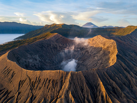 Aerial view over Mt Bromo, Bromo Tengger Semeru National Park in East Java, Indonesia